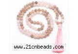 GMN8581 8mm, 10mm sunstone, rose quartz & white jade 108 beads mala necklace with tassel