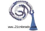 GMN8587 8mm, 10mm amethyst, white crystal & lapis lazuli 108 beads mala necklace with tassel