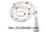 GMN8600 Hand-knotted 7 Chakra 8mm, 10mm white howlite 108 beads mala necklace with tassel