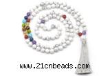 GMN8602 Hand-knotted 7 Chakra 8mm, 10mm white howlite 108 beads mala necklace with tassel