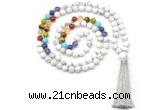 GMN8603 Hand-knotted 7 Chakra 8mm, 10mm white howlite 108 beads mala necklace with tassel