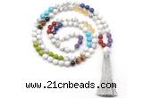 GMN8606 Hand-knotted 7 Chakra 8mm, 10mm white howlite 108 beads mala necklace with tassel