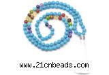 GMN8613 Hand-knotted 7 Chakra 8mm, 10mm imitation turquoise 108 beads mala necklace with tassel