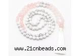 GMN8626 8mm, 10mm matte white howlite & rose quartz 108 beads mala necklace with tassel