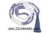 GMN8629 8mm, 10mm matte amethyst, white crystal & lapis lazuli 108 beads mala necklace with tassel