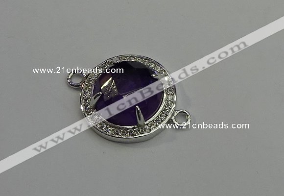 NGC5019 20mm flat round amethyst with rhinestone connectors