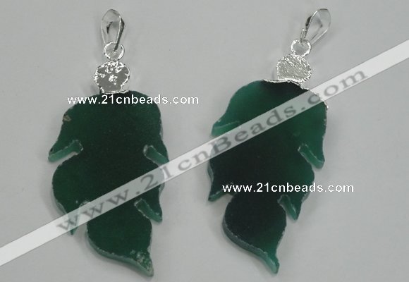 NGP1287 25*55mm leaf green agate pendants with brass setting