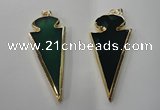 NGP1291 30*65mm green agate pendants with brass setting