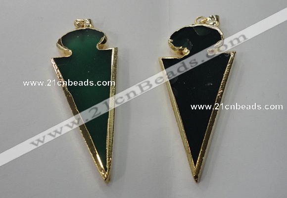 NGP1291 30*65mm green agate pendants with brass setting