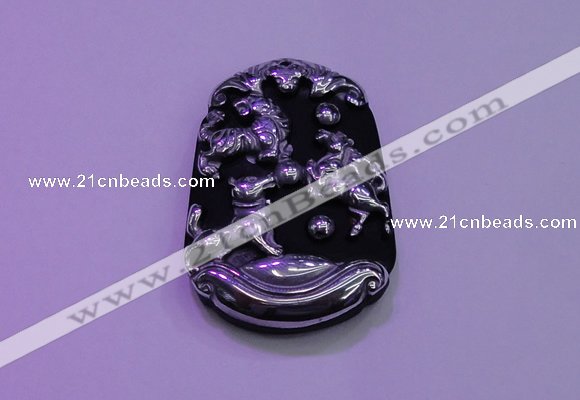 NGP2009 30*40mm carved silver plated matte black obsidian pendants
