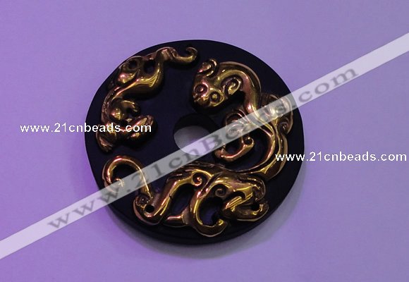 NGP2044 50mm carved gold plated matte black obsidian pendants