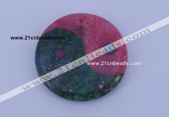 NGP208 6*40mm coin dyed rhodochrosite & chrysocolla gemstone pendant