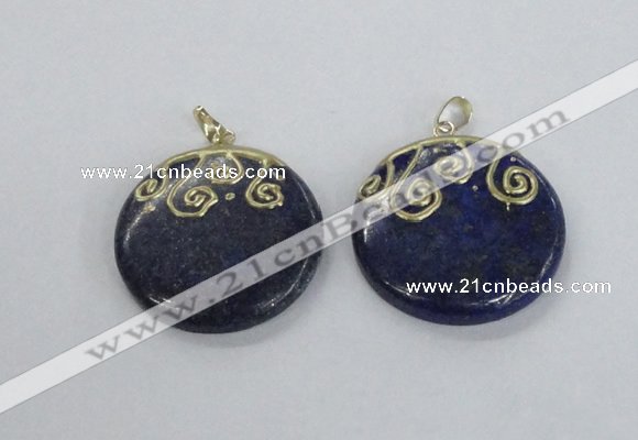 NGP2622 40mm flat round lapis lazuli gemstone pendants wholesale