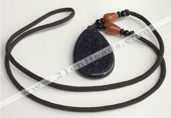 NGP5615 Blue goldstone flat teardrop pendant with nylon cord necklace