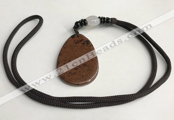 NGP5619 Mahogany obsidian flat teardrop pendant with nylon cord necklace