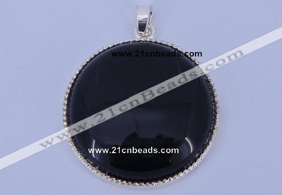 NGP651 5pcs 6*33mm flat round black obsidian with brass gemstone pendants