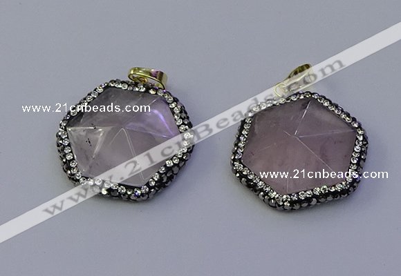 NGP7111 30*30mm hexagon rose quartz pendants wholesale