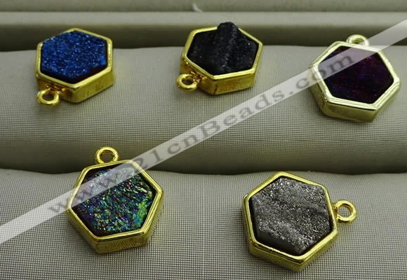 NGP7572 12*12mm hexagon plated druzy agate pendants wholesale