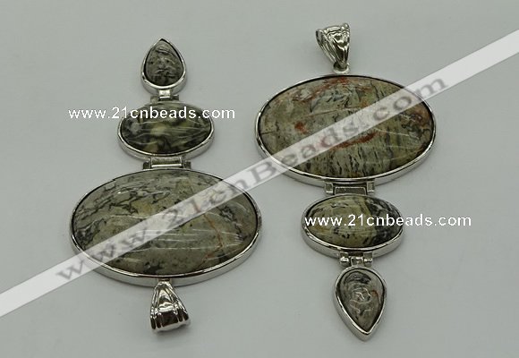 NGP8018 50*82mm - 52*86mm grey picture jasper pendant set jewelry