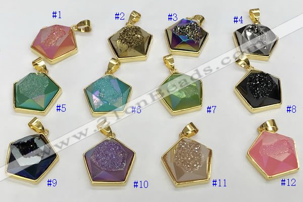 NGP9604 20*20mm faceted pentagon plated druzy agate pendants