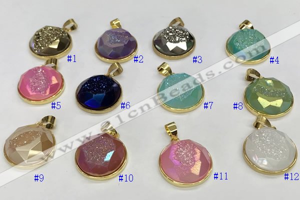 NGP9612 20mm faceted coin plated druzy agate pendants